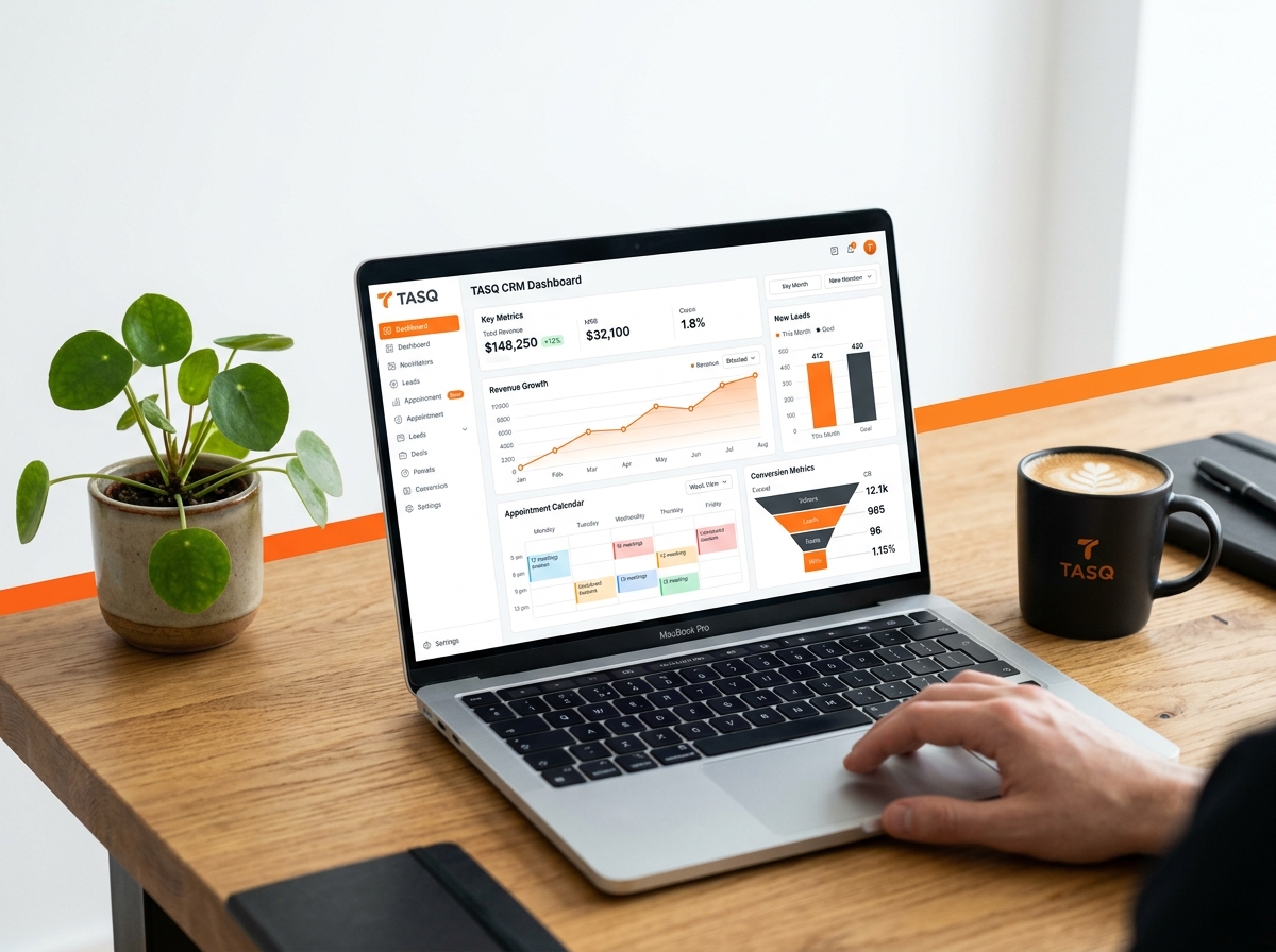 TASQ CRM Marketing Dashboard on laptop in modern office