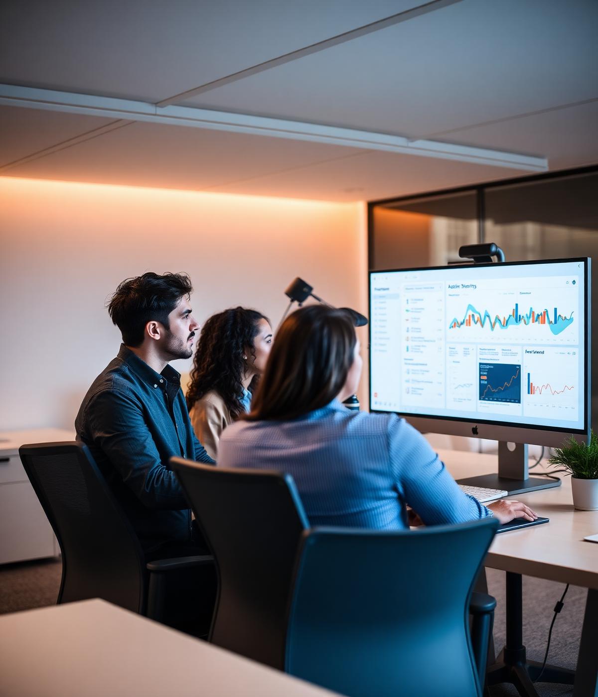 A business team reviewing automation analytics in a modern office